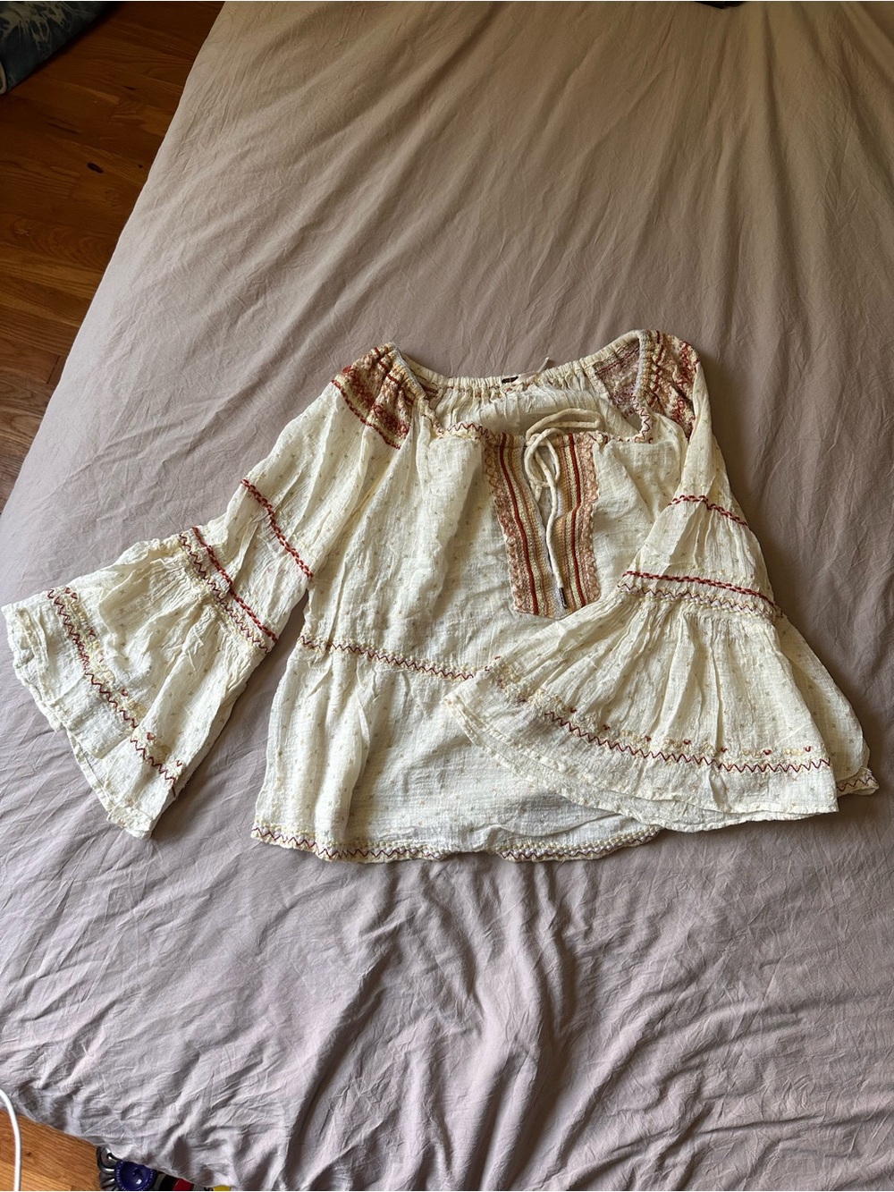 Free People Cream Boho Embroidered Bell Sleeve Blouse